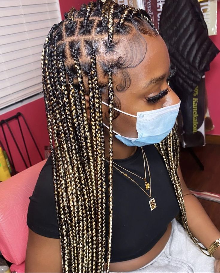 Blonde Braids Black Women Dark Skin, Regular Braids, Blonde Braiding Hair, Braids Blonde, Braiding Hair Colors, Blonde Box Braids, Top Knots, Colored Braids, Blonde Braids