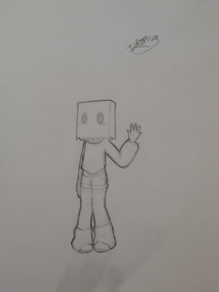 a drawing of a person with a box on his head and hands in the air