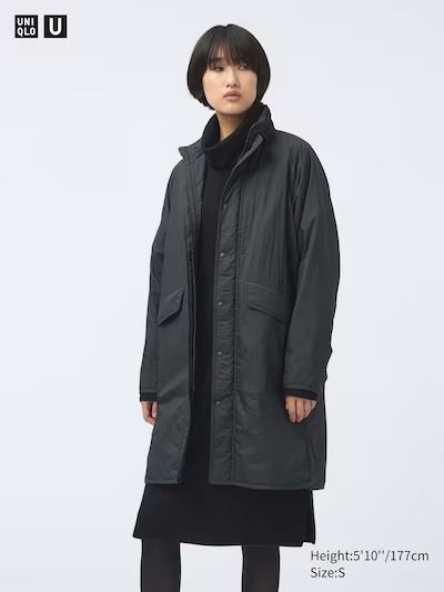 PUFFTECH Non-Quilted Coat | UNIQLO US Functional Winter Workwear Parka, Winter Workwear Nylon Raincoat, Functional Winter Raincoat For Workwear, Fall Outerwear With Padded Collar For Layering, Functional Winter Raincoat For Work, Functional Winter Workwear Raincoat, Weatherproof Long Coat For Workwear, Nylon Outerwear For Fall Layering, Nylon Outerwear For Layering In Fall