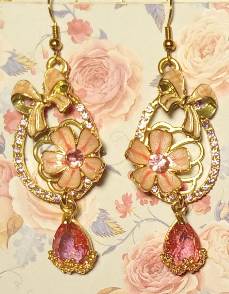 Pink Flower and Rhinestone Drop  Earrings Feminine Drop Earrings For Spring, Spring Feminine Dangle Jewelry, Feminine Spring Dangle Earrings, Feminine Spring Dangle Jewelry, Pink Dangle Flower Earrings For Spring, Feminine Jewelry With Matching Earrings For Spring, Handmade Pink Teardrop Flower Earrings, Spring Flower Dangle Earrings, Delicate Dangle Earrings For Spring