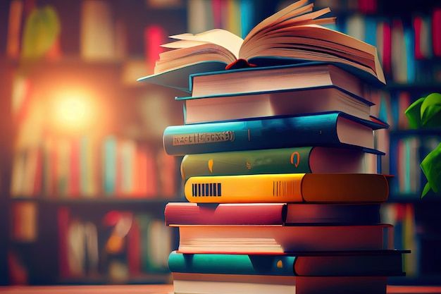 a stack of books sitting on top of a wooden table next to a book shelf