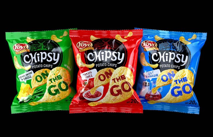 three bags of chips sitting next to each other on a black background with the words crispy written in it