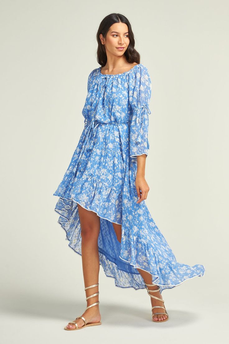 Flower print dress, short at the front and longer at the back. Thanks to the ties around the chest, you can wear it as an off shoulder dress. You can also remove the tie around the waist for a more loose style. We love the lace details around the edges and the fluidity of this elegant summer dress. Blue Tropical Dress For Beach Cover-up, Blue Tropical Print Beach Dress As Cover-up, Blue Floral V-neck Dress For Vacation, Blue Embroidered Beach Cover-up Dress, Blue Printed V-neck Beach Dress, Elegant Summer Dresses, Summer Dress, Flower Print Dress, Saint Tropez