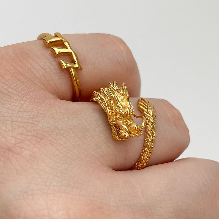 Gold Dragon Ring, Dragon Ring for Men, Mens Ring, Adjustable Ring, Statement Ring, 24K Gold Filled Ring, Gift for Him, Gift for Her, Birthday Gift, Animal Ring, Matching Ring, Couple Ring   * 24K gold filled brass * Tarnish resistant * Open ring, adjustable, fits size 5.5-12 * Buy two to get couple discount, please select the quantity in the drop down menu.  * we ship in 1-3 days * * All purchases comes in environmental friendly packing, including complementary jewelry box and a pouch for storag Luxury Men's Jewelry With Dragon Design, Luxury Jewelry With Dragon Design, Luxury Dragon Design Jewelry, Traditional Luxury Rings For Gifts, Luxury Adjustable Dragon Design Jewelry, Dragon Ring Simple, Asian Inspired Rings For Men, Dragon Ring Mens, Lucky Ring