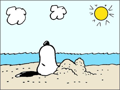 a cartoon drawing of a person sitting in the sand at the beach with sun and clouds above