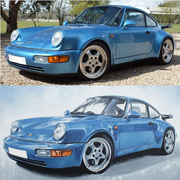 two pictures of the same blue car in different stages of being painted with acrylic paint