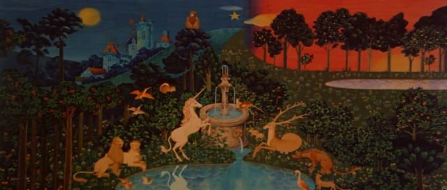 an artistic painting with animals and trees in the foreground, on which is a fountain