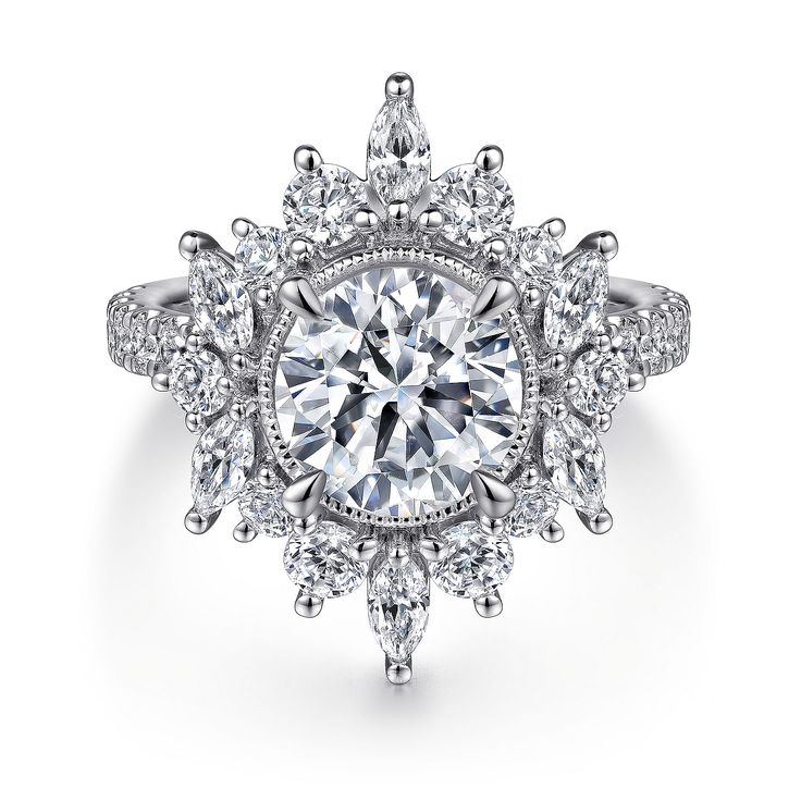 a diamond ring with an intricate halo setting