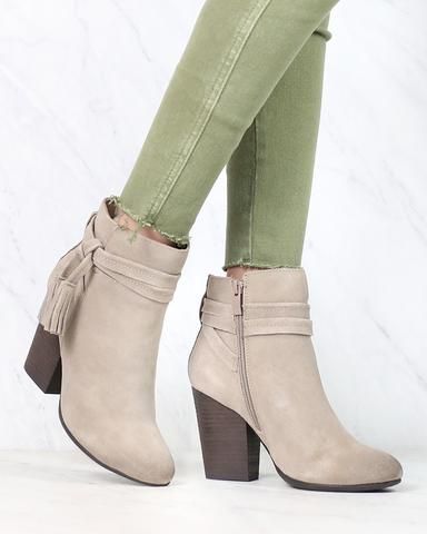 Strappy Ankle Booties in Taupe – Shop Hearts Leather Tassel, Stacked Heel, Ankle Booties, Suede Leather, Heel Height, Ankle Boot, Leather Upper, Dress Up, My Style