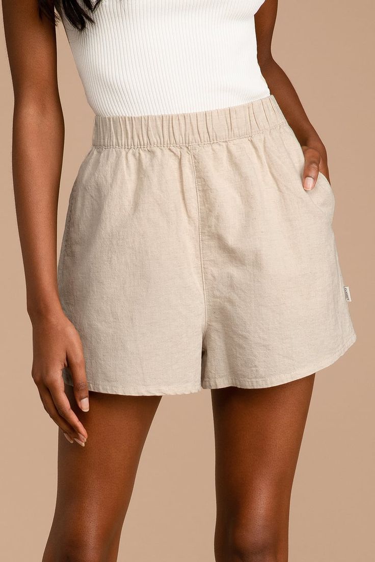 Rhythm Classic Beach Short Sand - Beige Shorts - Linen Shorts - Lulus Beige Summer Shorts, Medium Size Body Outfits, Beige Beach, Pool Pics, Wardrobe Aesthetic, Comfortable Shorts, Body Outfit, Beige Shorts, Long Skirts For Women