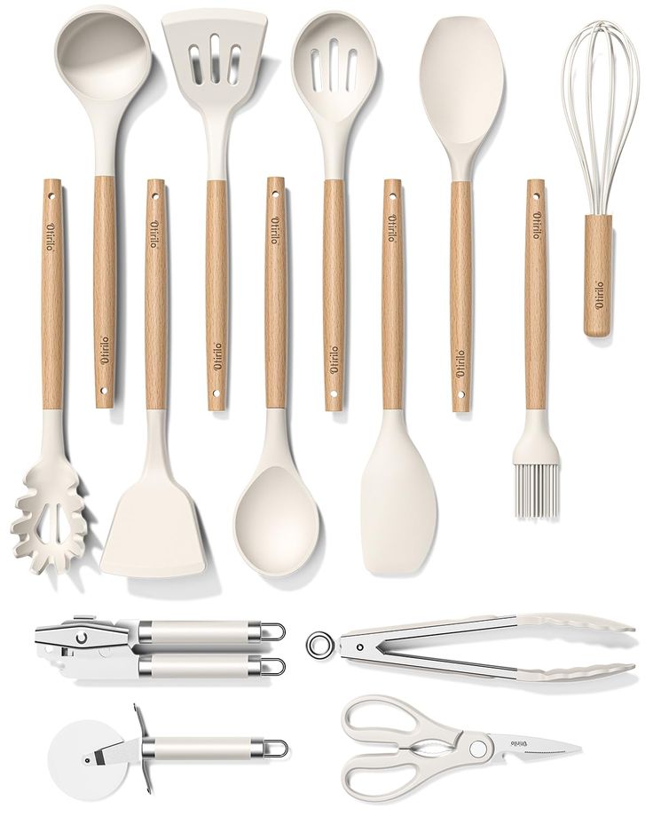 an assortment of kitchen utensils including spoons, spatulas and forks