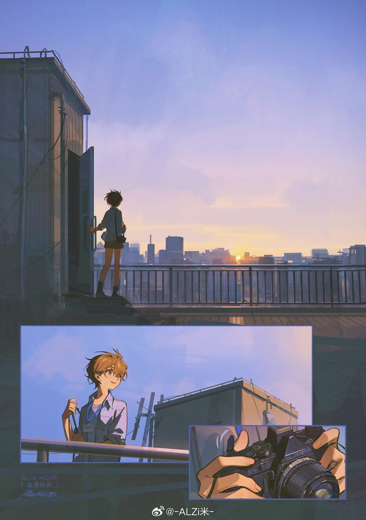 an anime scene with two people standing on the roof and one person holding a camera