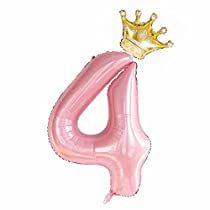 a pink number four balloon with a gold crown on it's top and bottom