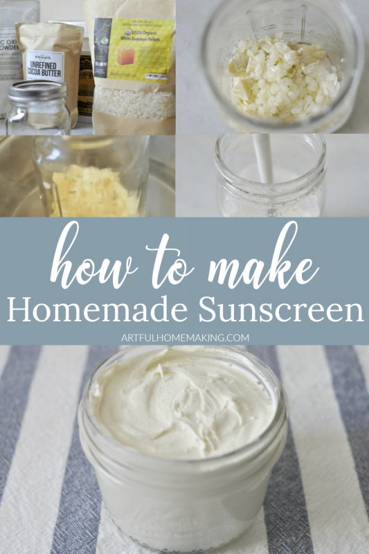 how to make homemade sunscreen in jars with text overlay that reads, how to make homemade sunscreen