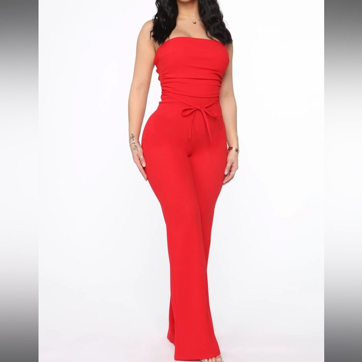 Fashionnova Red Jumpsuit, Lace Up Back With Hidden Zipper, Wide Leg. Brand New With Tags, Never Worn. Chic Red Strapless Jumpsuit For Spring, Red Fitted Strapless Jumpsuit For Summer, Red High-waisted Jumpsuits And Rompers For Summer, Red Sleeveless Jumpsuits And Rompers For Date Night, Sleeveless Red Jumpsuits And Rompers For Date Night, Red Strapless Jumpsuit For Night Out In Spring, Red Strapless Jumpsuit For Spring Night Out, Elegant Red Stretch Jumpsuits And Rompers, Red Fitted Strapless Jumpsuit For Party