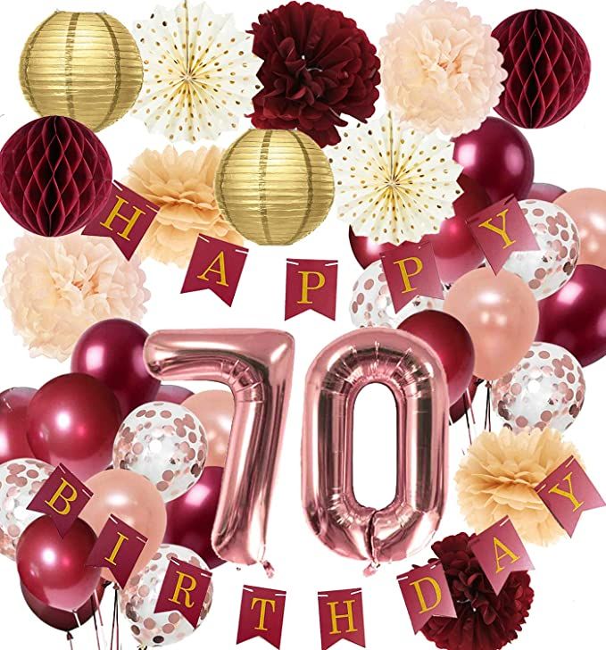 balloons and streamers are arranged in the shape of the number seventy with red, gold and white decorations