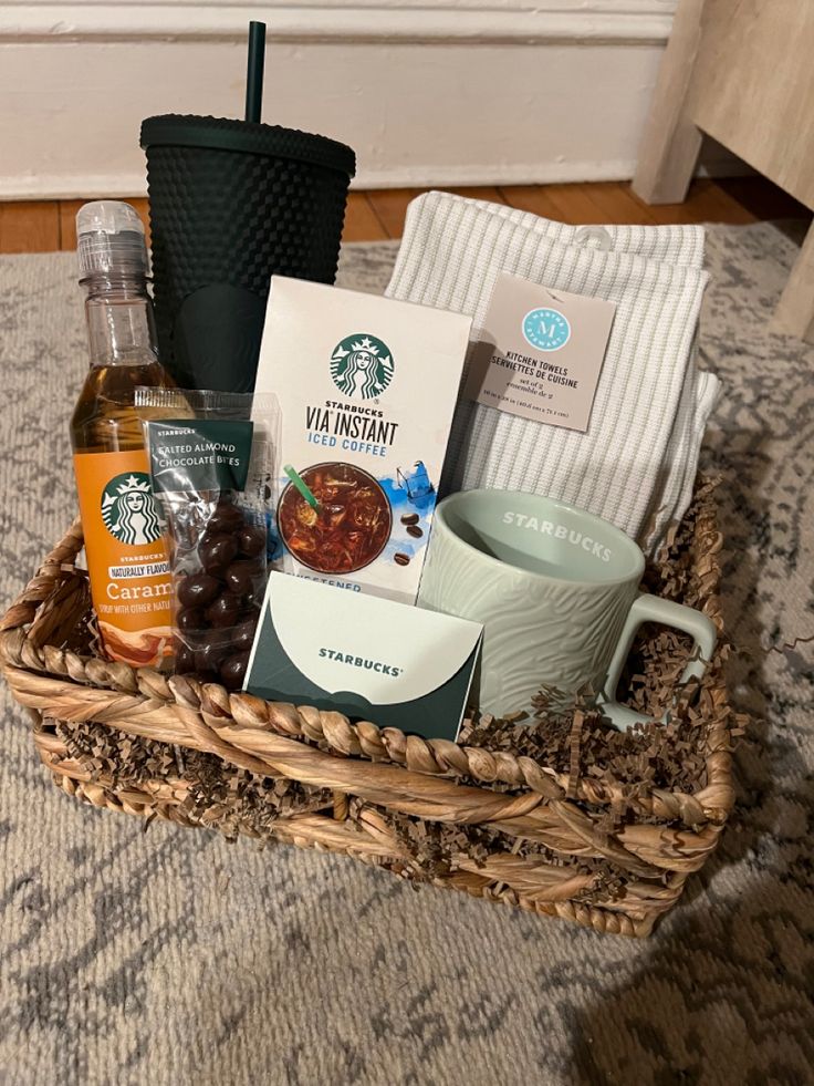 starbucks coffee and tea gift basket on carpeted area