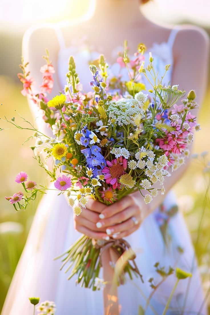 a woman in a white dress holding a bouquet of wildflowers and daisies