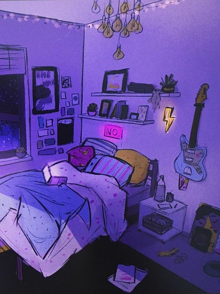 a bedroom with purple walls and lots of stuff on the floor, including a bed