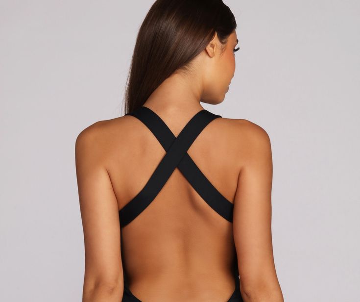 Kick your vacation into high gear with this little black swimsuit! This summer staple features a plunging neckline. narrow shoulder straps that cross at the back. and an ultra low scoop back. Swimsuit includes a padded bust and is fully lined for extra coverage.RETURNS ACCEPTED ONLY WHEN ALL TAGS AND HYGIENIC PROTECTION ARE INTACT. Black Cross Back Bodysuit With Built-in Bra, Stretch Swimwear With Crisscross Straps And Low Back, Crisscross Low Back Stretch Swimwear, Backless Swimwear With Crisscross Straps, Party Swimwear With Tie Back And Strappy Detail, Party Swimwear With Tie And Strappy Back, Backless Bodysuit With Crisscross Straps For Beach, Black Backless Bodysuit With Tie Back, Black Cross Back Swimwear For Poolside