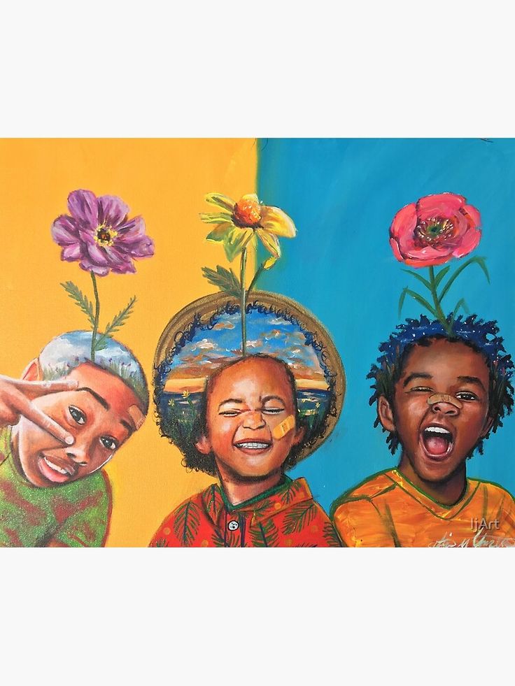 three children with flowers on their heads and one child has his eyes closed to the camera