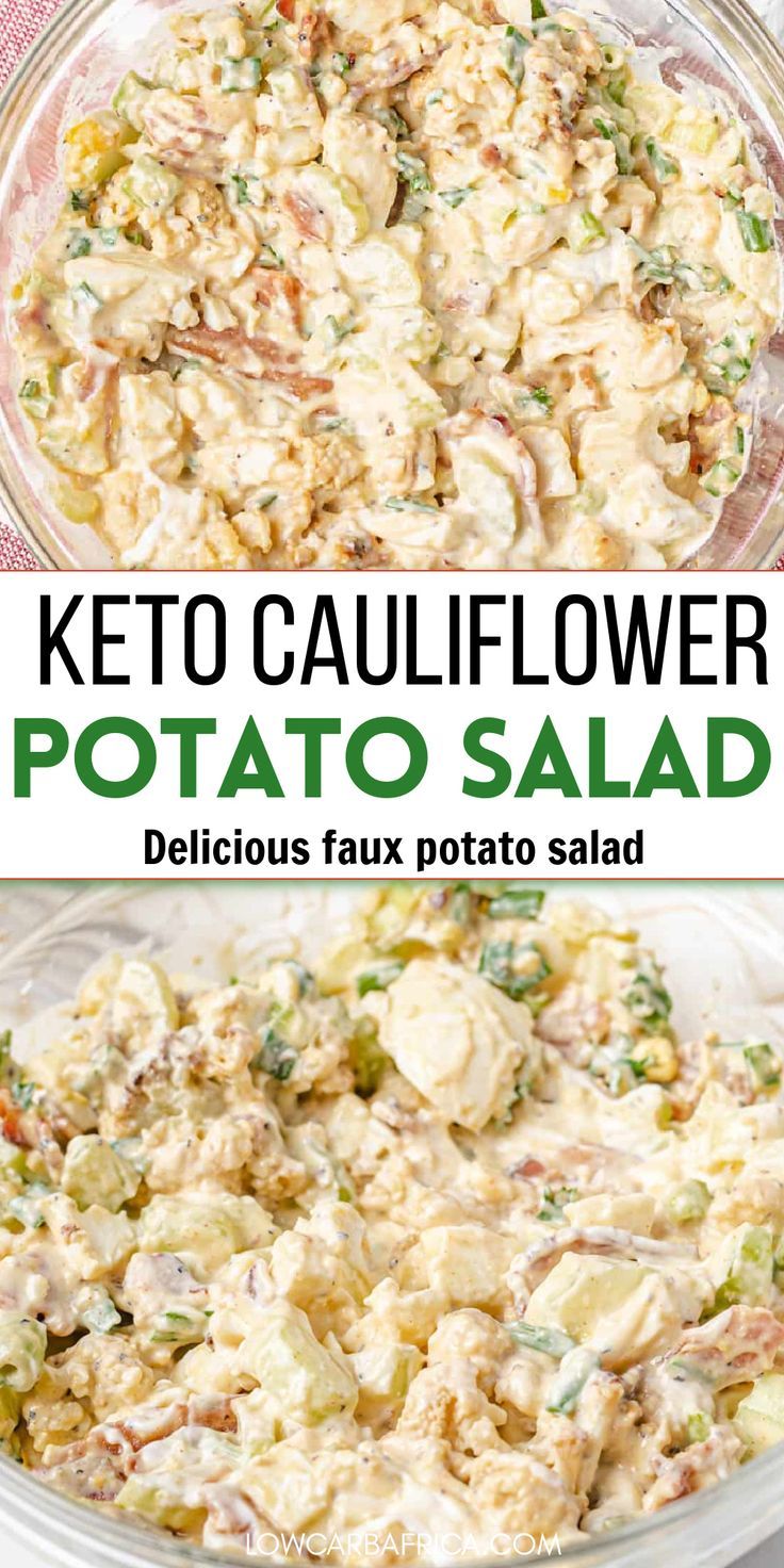 two images showing the process for making keto cauliflower potato salad in a glass bowl