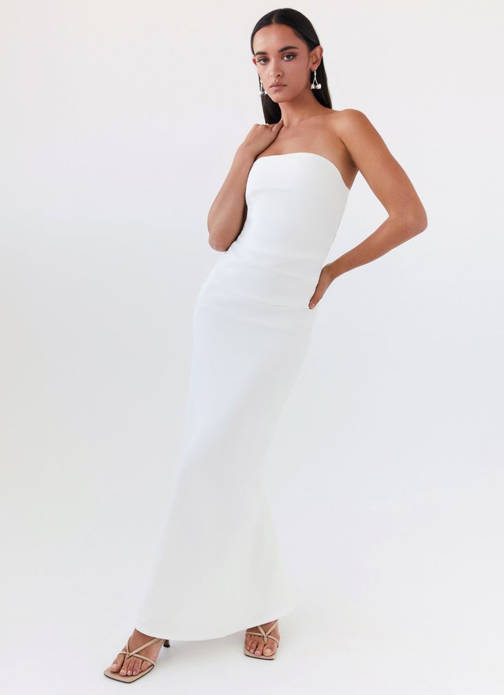 Danielle Strapless Maxi Dress - White Maxi Wedding Dress, Rush Outfits, Silicone Tape, Formal Dresses Graduation, Audrey Dress, Back Skirt, Strapless Neckline, Strapless Maxi, Long Sleeve Knit Dress