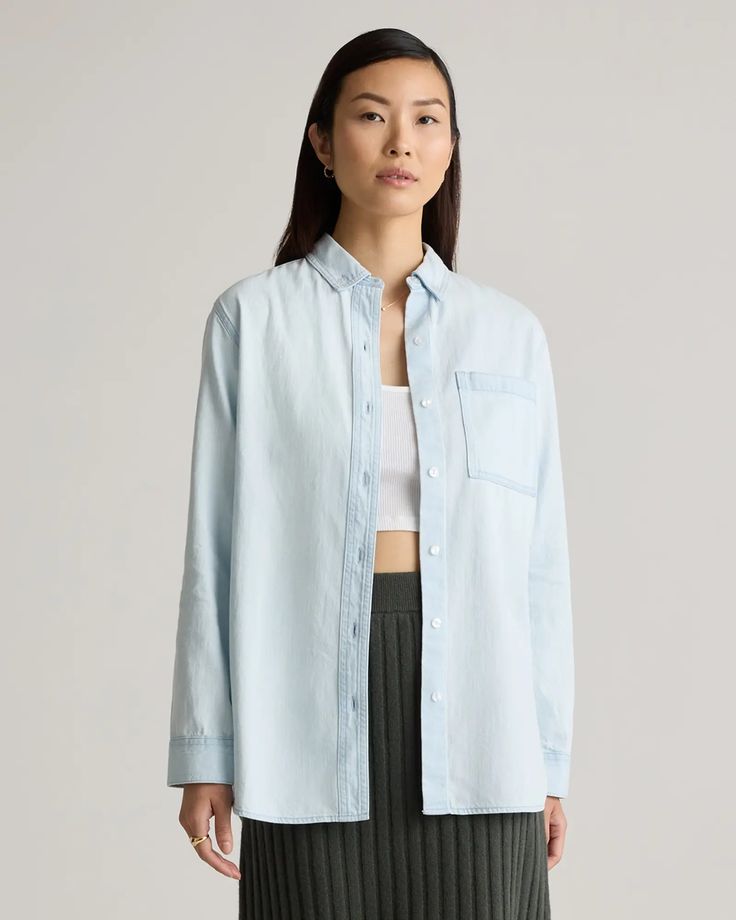 Distressed Denim Oversized Shirt Core Wardrobe, Silk Cami, Quarter Zip Sweater, Mother Denim, Oversized Shirt, Quince, Distressed Denim, Sweater Jacket, Step Up