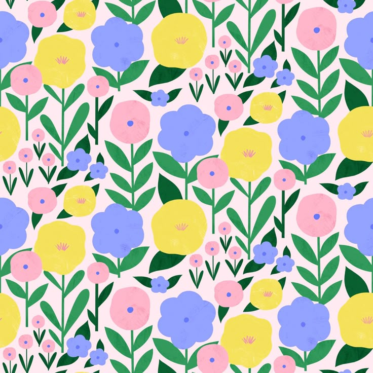 an abstract floral pattern with blue, yellow and pink flowers