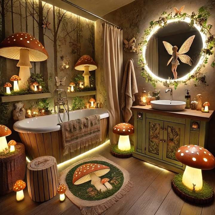 a bathroom with mushrooms and fairy lights around the bathtub, rugs and other decorations