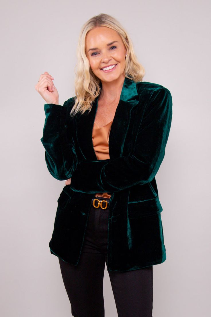 Be the center of attention at holiday gatherings, parties, and festivities! This velvet collared blazer offers a hint of vintage glamour, framing your look with timeless class. It boasts a perfect fit with a button closure at the front, slight shoulder padding, and handy front pockets. Lined, woven, non-sheer, and lightweight for a comfortable fit. Self: 95% Polyester, 5% Spandex Lining: 100% Polyester Hand Wash Cold, Line Dry Colors may vary with different viewing devices. Elegant Green Evening Blazer, Classic Velvet Outerwear For Party, Classic Velvet Party Blazer, Chic Velvet Blazer For Night Out, Chic Green Blazer For Night Out, Elegant Green Outerwear For Evening, Elegant Fall Blazer For Costume Party, Winter Velvet Blazer For Night Out, Green Evening Blazer For Fall