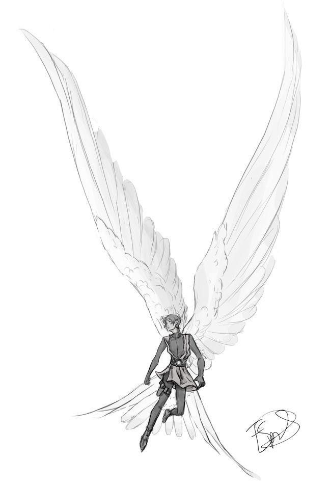 a drawing of an angel sitting on top of a white sheet with its wings spread out