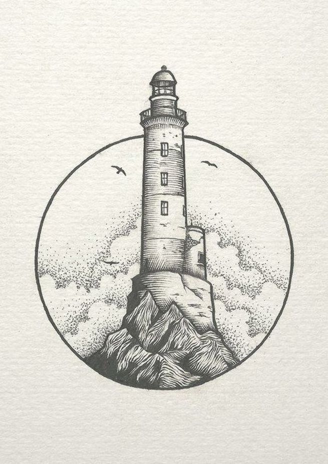 a drawing of a lighthouse with mountains in the background