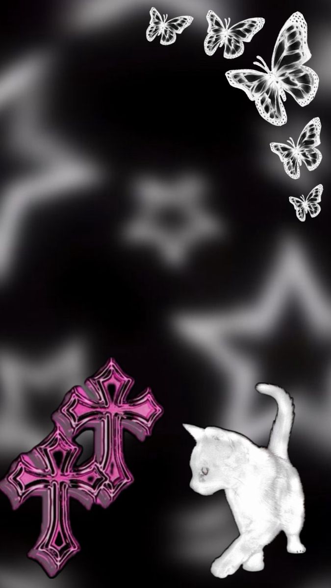 a white cat standing in front of a cross and butterflies on a black background with pink accents