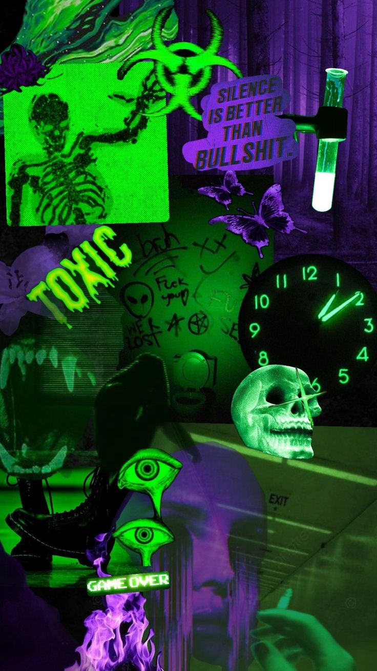 an assortment of neon green and purple wallpapers with skulls, faces, and clocks