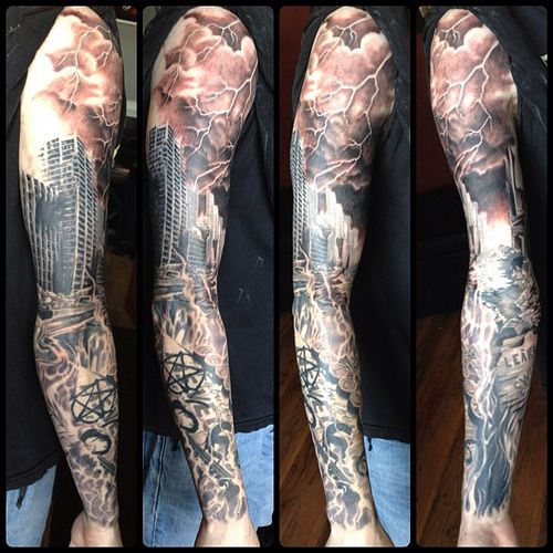 three different views of a man's arm with tattoos on it, including the city skyline