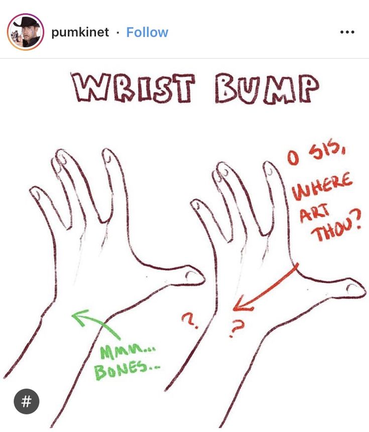 two hands are shown with the words wrist bump on them and an arrow pointing to each other