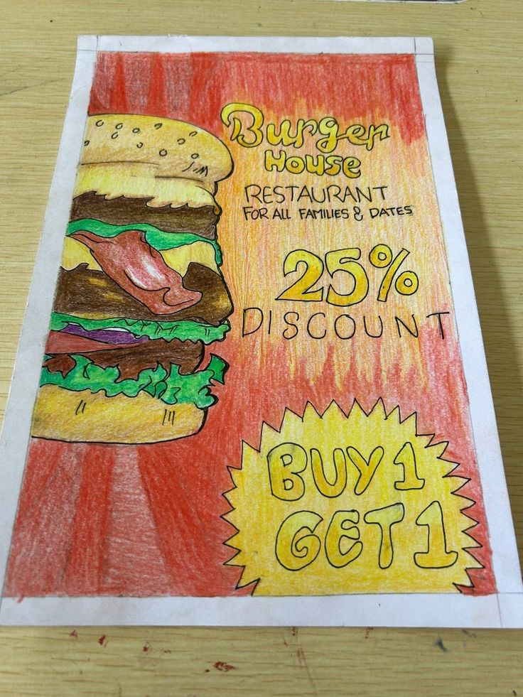 a drawing of a burger restaurant advertisement on a piece of paper that says buy 1 get 1