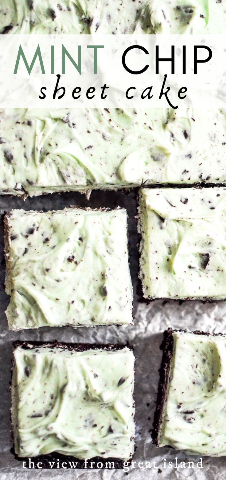 mint chip sheet cake with white frosting on top and the title overlay reads, mint chip sheet cake