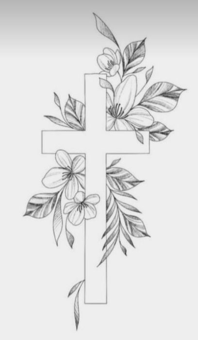 a cross with flowers on it and leaves around the cross is drawn in pencil by hand