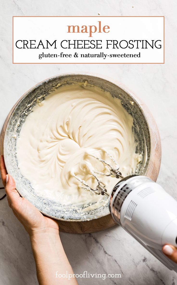 a person mixing cream in a bowl with an electric hand mixer on the side and text maple cream cheese frosting gluen free & naturally sweetened