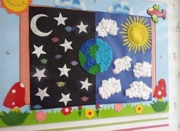 a bulletin board is decorated with the earth and stars