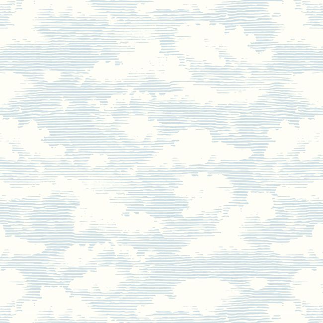 the sky with clouds is shown in this blue and white wallpaper pattern that has been drawn