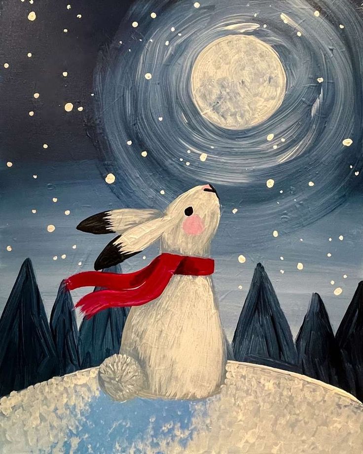 a painting of a white rabbit with a red scarf on it's neck sitting in the snow