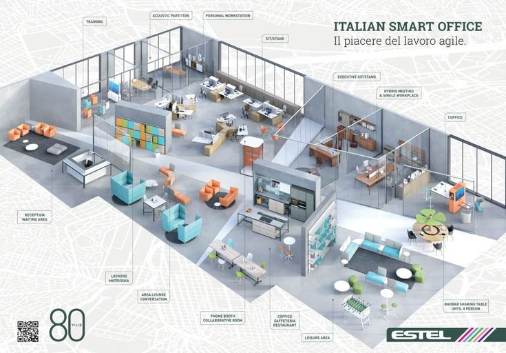 an office building is shown with all the furniture and accessories labeled in this graphic diagram