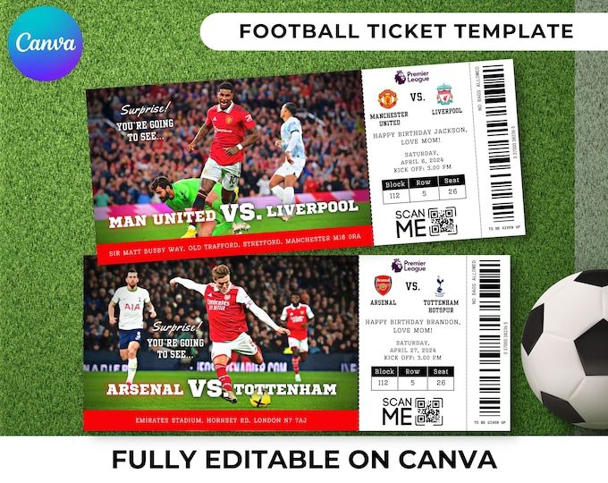 two soccer ticket templates with a ball on the field