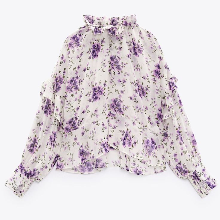 Semi-Sheer Shirt With Ruffled Collar And Long Sleeves With Elastic Cuffs. Front Opening At Chest With Button Closure. Size: Small Material: 100% Polyester Condition: Nwt Chic Purple Printed Tops, Chic Purple Floral Print Blouse, Chic Floral Print Shirt For Daywear, Spring Purple Printed Blouse, Purple Floral Print Top For Daywear, Elegant Purple Spring Blouse, Spring Purple Ruffled Blouse, Purple Ruffled Blouse For Spring, Elegant Purple Blouse For Spring