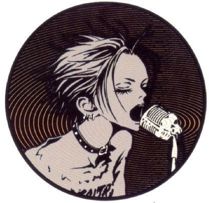 a sticker with a woman holding a microphone in front of her face and singing