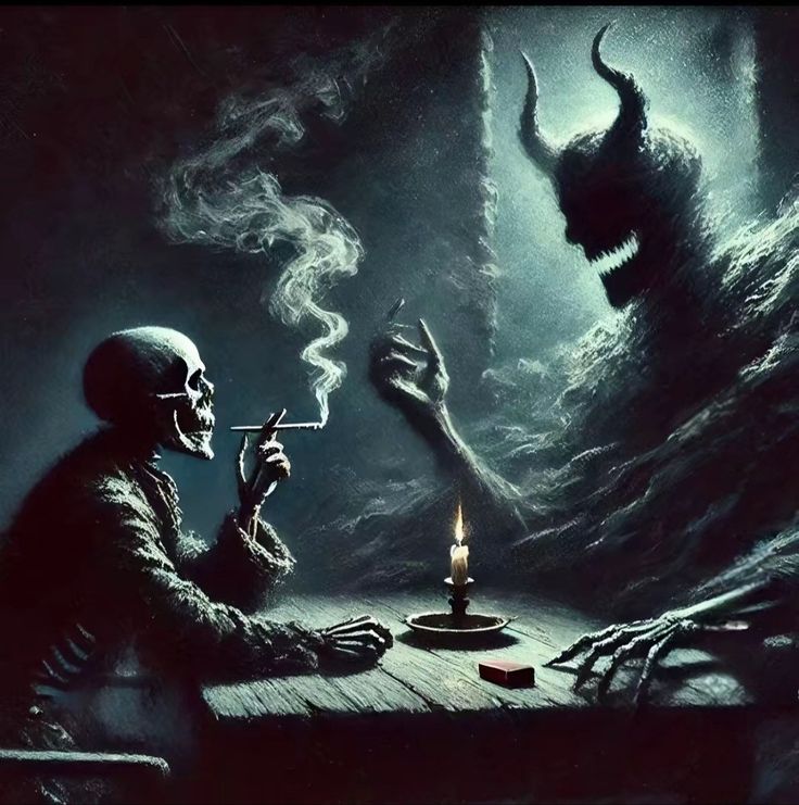 a skeleton sitting at a table with a lit candle in front of him and a demon standing next to him