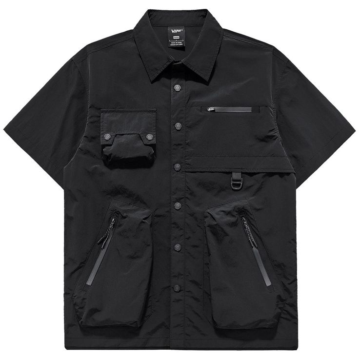 Techwear Quad-pocket Button-Up Tee – limetliss Black Workwear Shirt With Flap Pockets, Black Button-up Shirt With Patch Pockets, Black Button-up Shirt With Flap Pockets, Black Shirt With Flap Pockets For Work, Black Button-up Tops With Flap Pockets, Utility Style Collared Tops With Cargo Pockets, Button-up Workwear Tops With Multiple Pockets, Utility Button-up Top With Multiple Pockets, Outdoor Solid Color Tops With Pockets